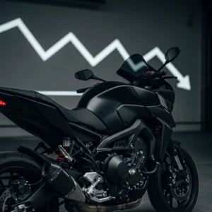 A black motorcycle in a dark room with an illuminated white jagged line on the wall in the background pointing downwards to illustrate lower interest rates on new motorcycles in 2025